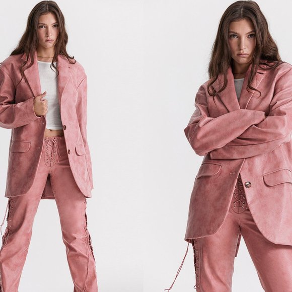 HOUSE OF CB 'Kiera' Warm Pink Vegan Leather Oversized Blazer NWOT - Picture 4 of 9